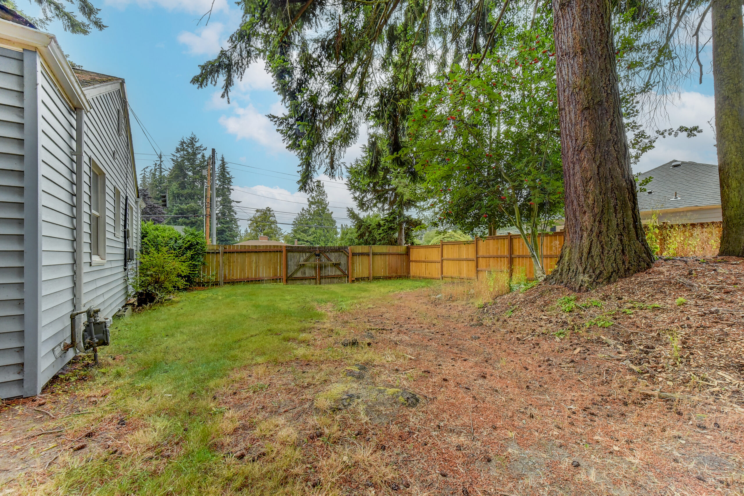 Fully fenced backyard with mature trees at the Everett rambler on Madison St