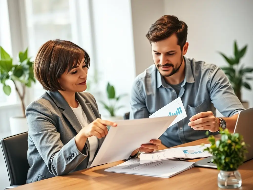 A person reviewing financial documents with a consultant, illustrating the financial planning involved in rent-to-own agreements.