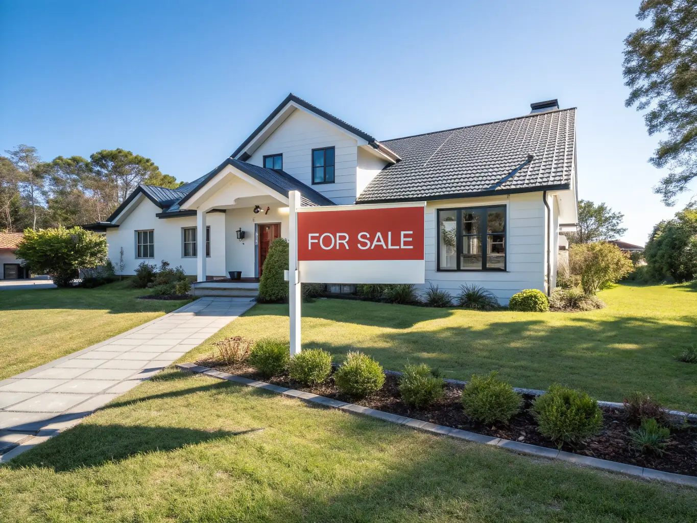 A modern home with a 'For Sale' sign, but with a banner subtly indicating 'Rent-to-Own Option Available'. The image should convey a sense of opportunity and flexibility.