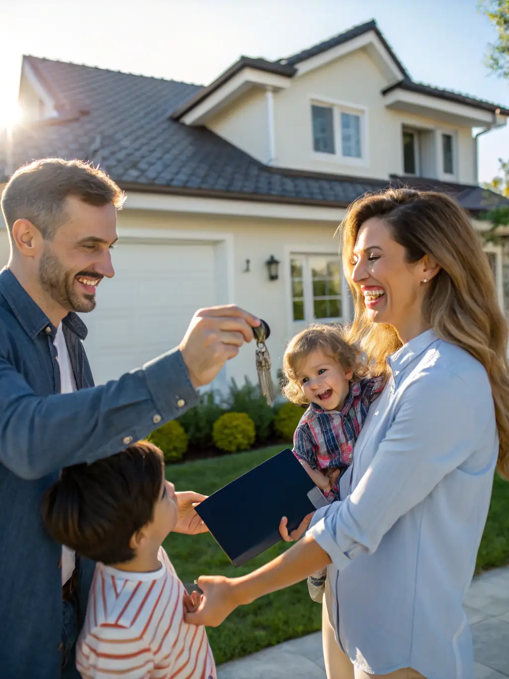 A young family happily receiving keys to their new rent-to-own home, symbolizing the dream of homeownership becoming a reality.