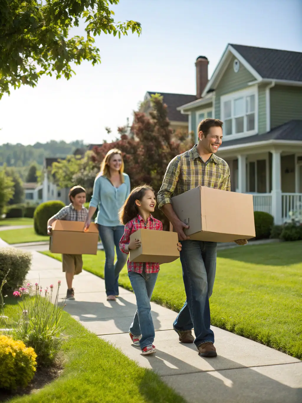 An image showcasing a family moving into a new home, symbolizing the start of the lease period, with boxes and furniture being unloaded from a moving truck.