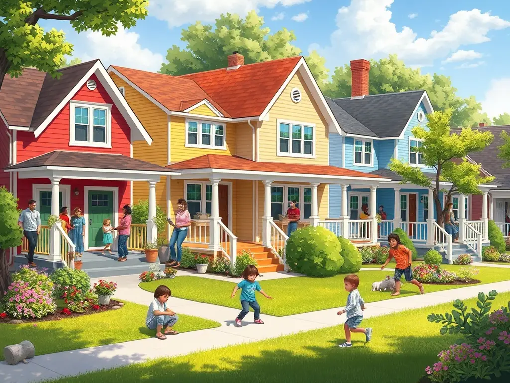A diverse neighborhood street with various houses, representing the wide range of homes available through rent-to-own programs.
