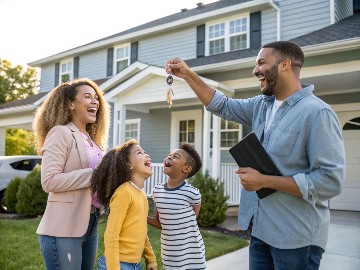 A family happily receiving keys to their new rent-to-own home, symbolizing the joy of homeownership.