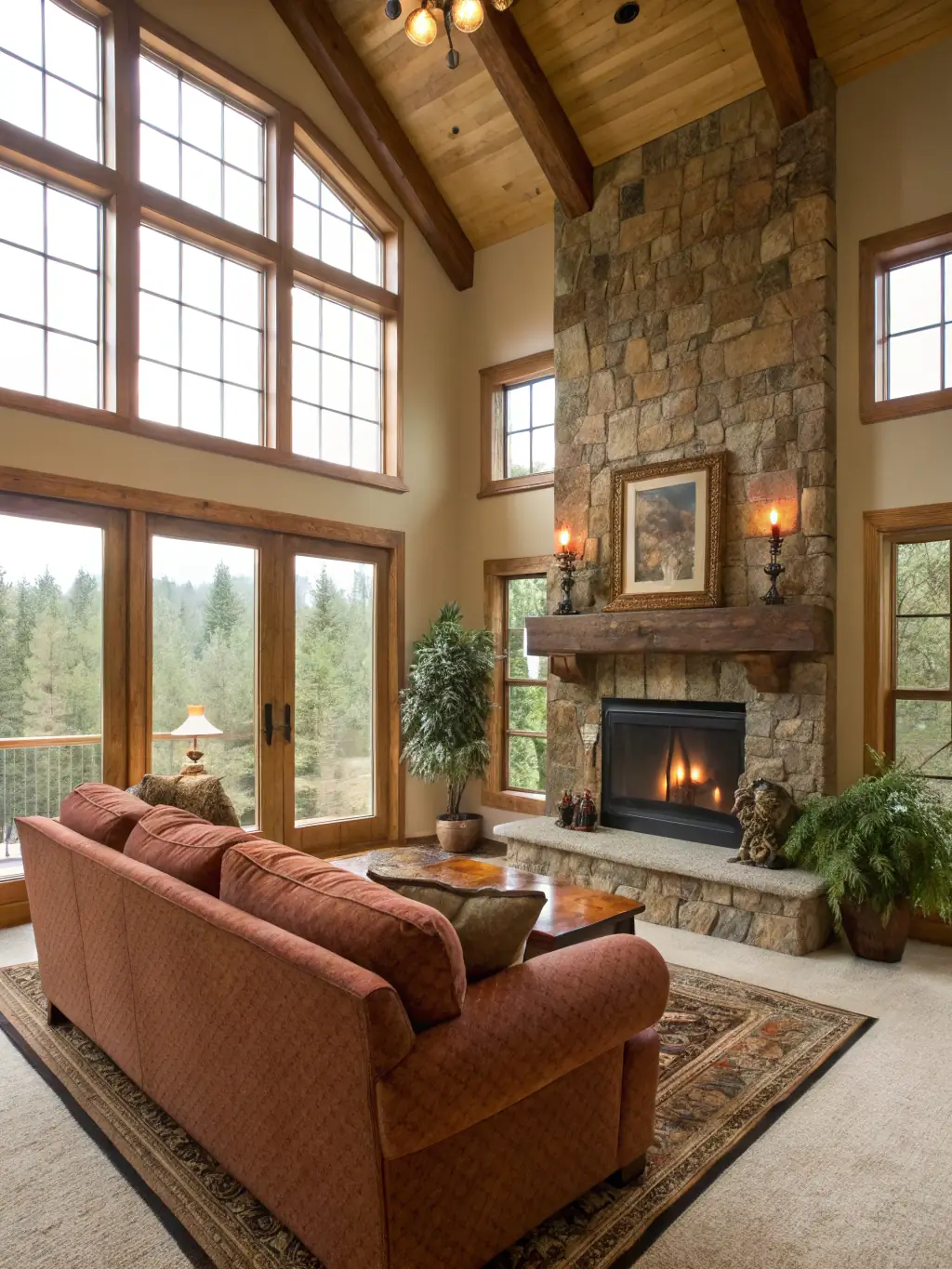 A cozy living room with a fireplace and large windows, creating a warm and inviting atmosphere for a suburban family home available for lease-to-own.