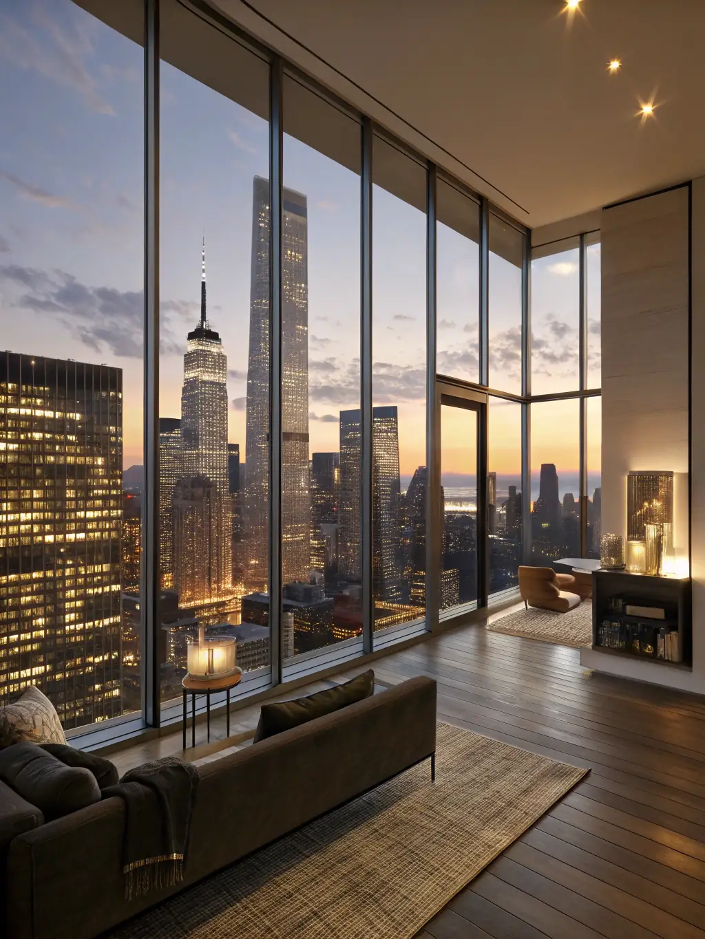 A luxurious condo bedroom with floor-to-ceiling windows overlooking a city skyline, emphasizing the upscale living experience available through rent-to-own.